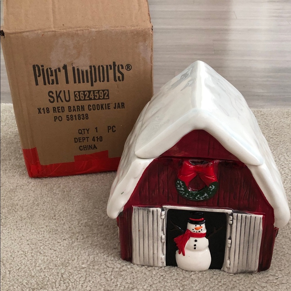 Pier 1 Festive Red and White Barn Cookie Jar